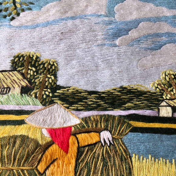 Vintage Vietnamese Handmade Silk Embroidered art, village Scenery - Picture 2 of 4